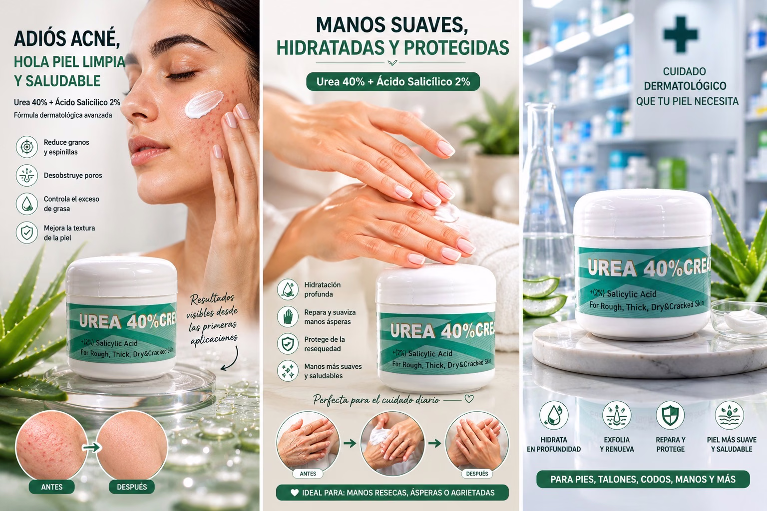 Beneficios dermatológicos urea 40% acné manos piel seca — dermatología Colombia Protepiel